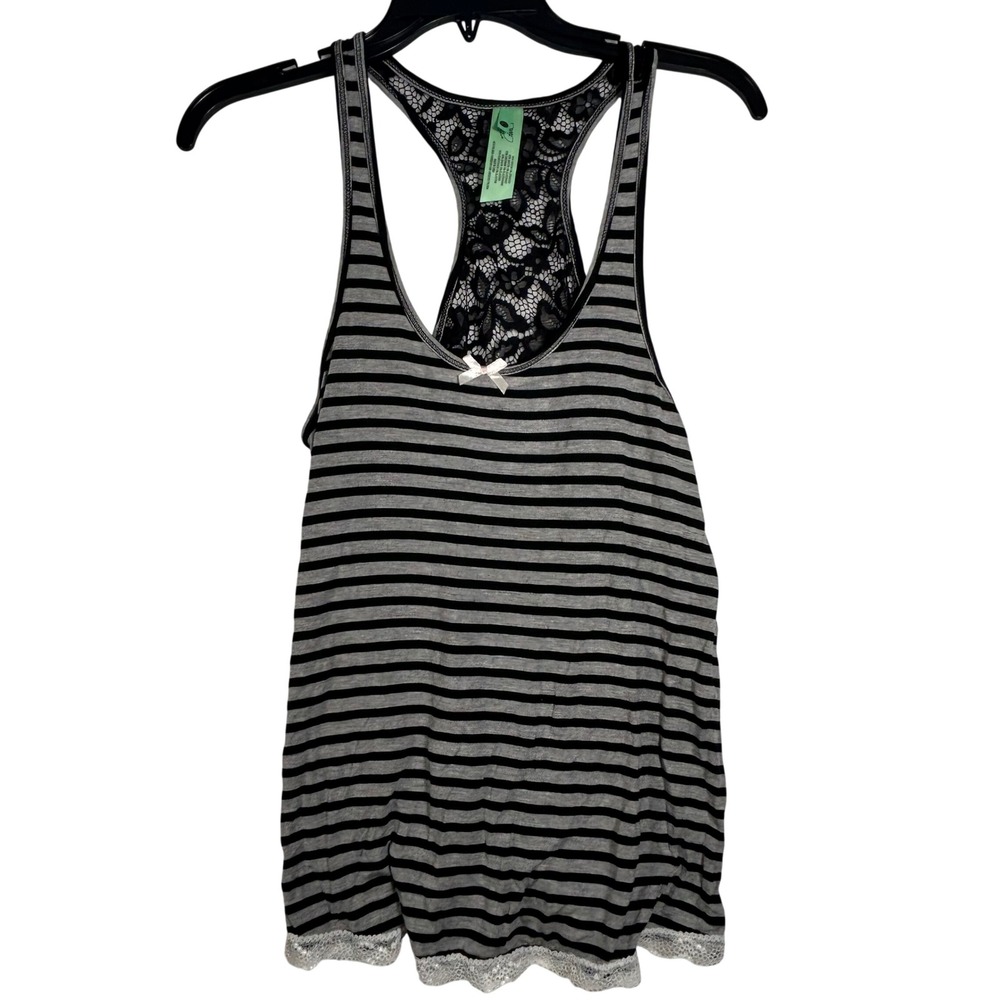 Honeydew Striped Racerback Tank Top Black Gray Lace Trim Bow Women's L